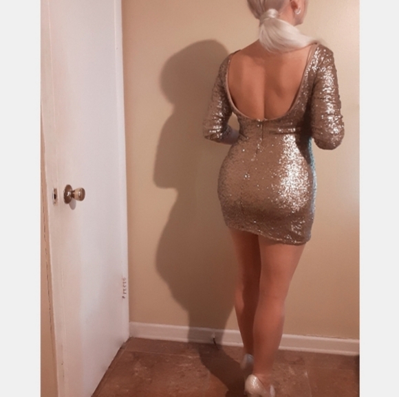 Sequin Longsleeve Mini Gold Dress - Picture 2 of 5
